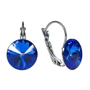 NWT: Classic Stainless Steel Leverback Earrings with Sapphire Swarovski Crystals